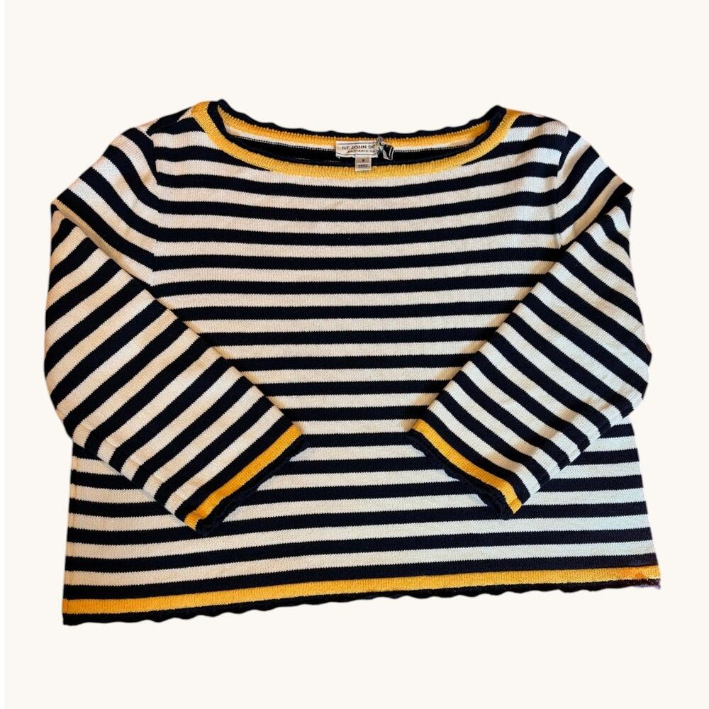 ST. JOHN Breton Stripe Sweater SMALL Navy Blue White Yellow 3/4 Sleeve Knit